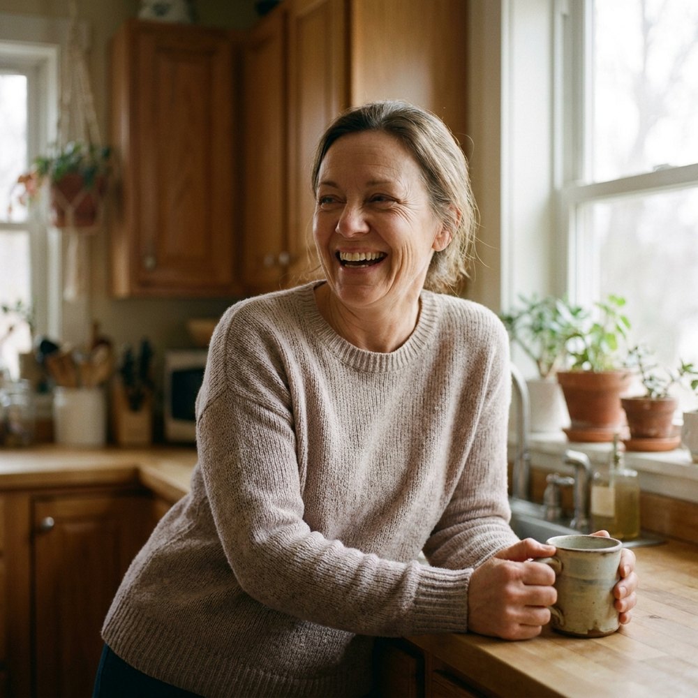 Woman laughing in her kitchen